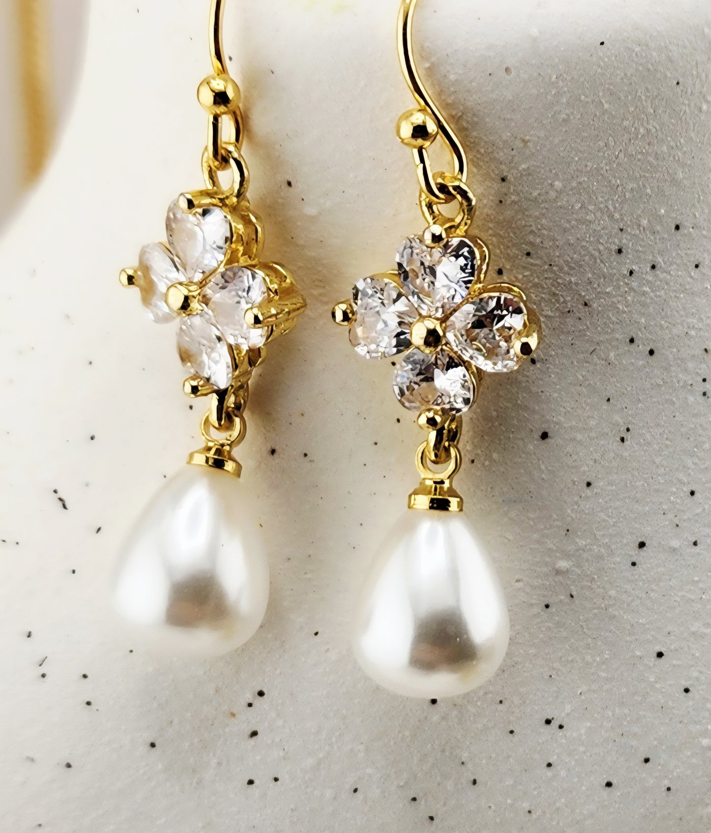 Gold-Plated Floral Cubic Zirconia Earrings with Pearl Drop