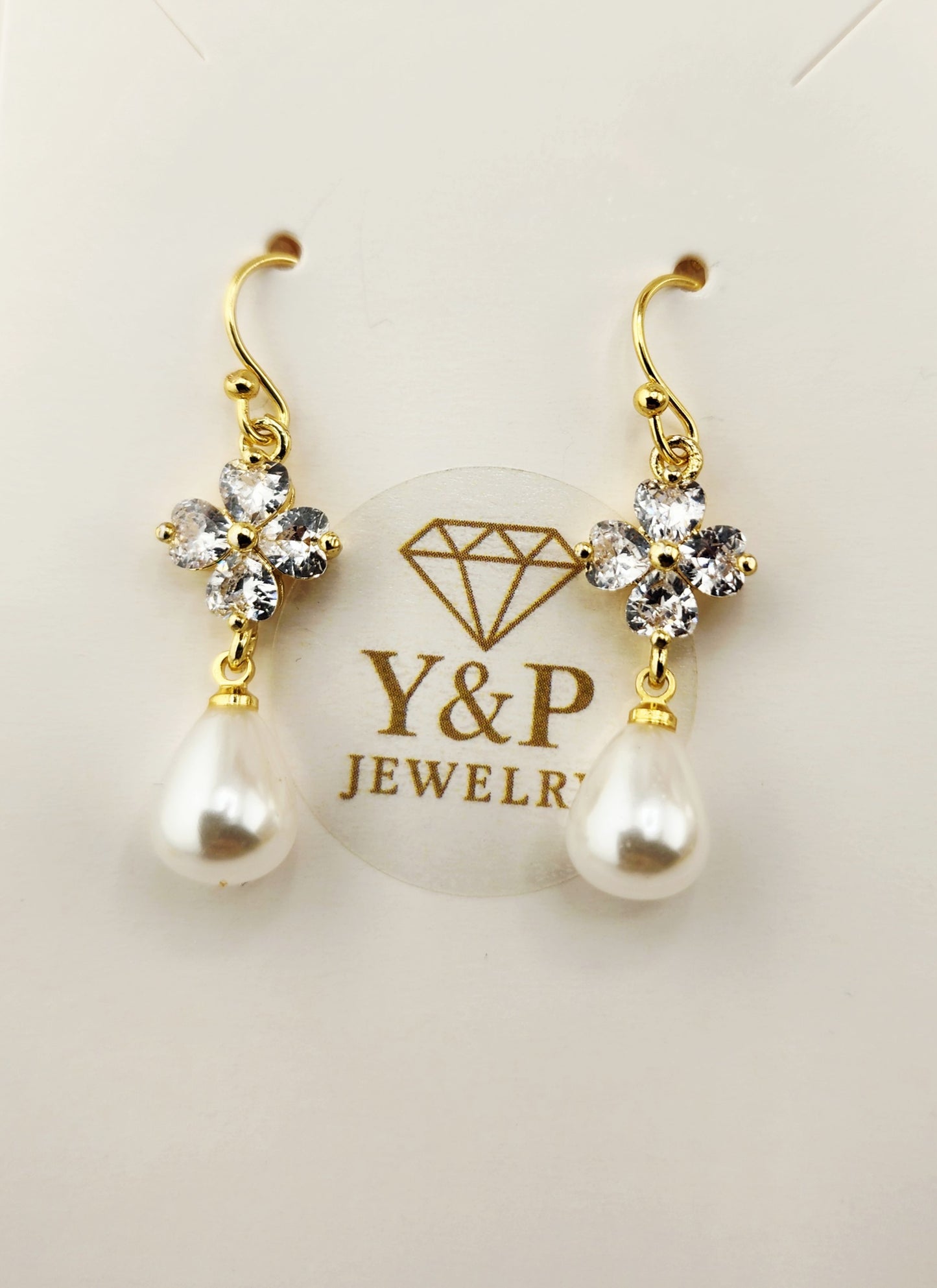 Gold-Plated Floral Cubic Zirconia Earrings with Pearl Drop