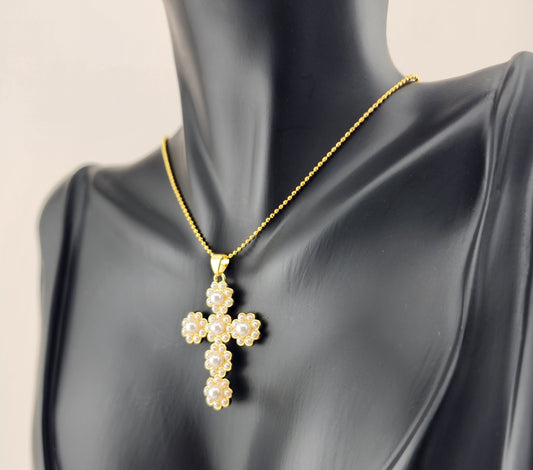 Blooming Faith – Pearl Flower Cross Necklace