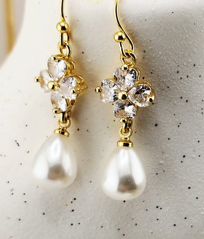 Gold-Plated Floral Cubic Zirconia Earrings with Pearl Drop