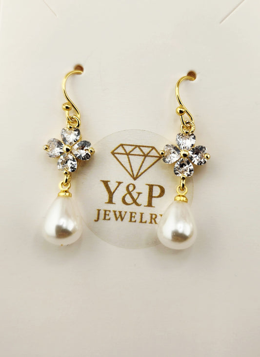 Gold-Plated Floral Cubic Zirconia Earrings with Pearl Drop