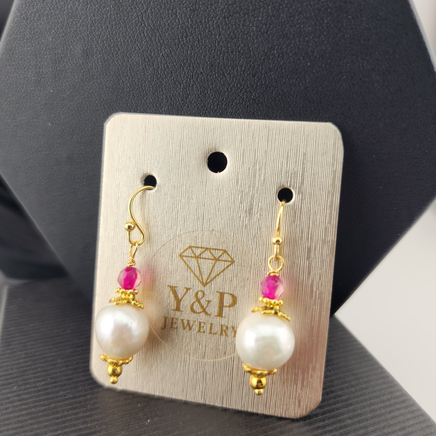 Baroque Pearl & Hot Pink Agate Earrings – Gold Hook Design